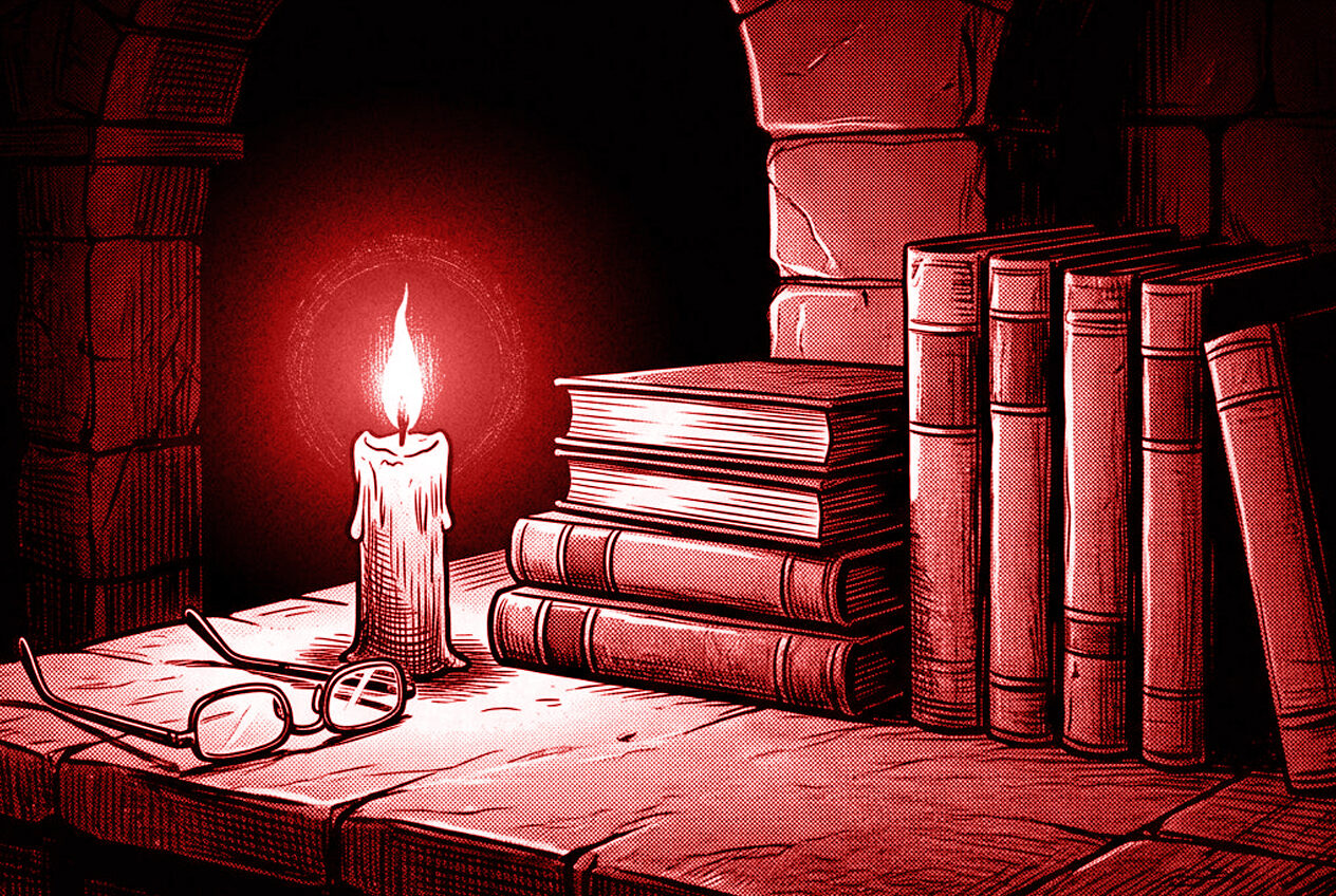 A candle, an open journal and scrolls on a desk at night.