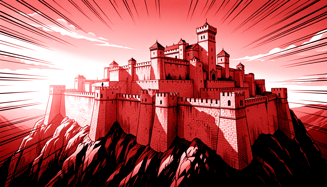 The Inner Citadel — a fortress on a crag, ink and red.