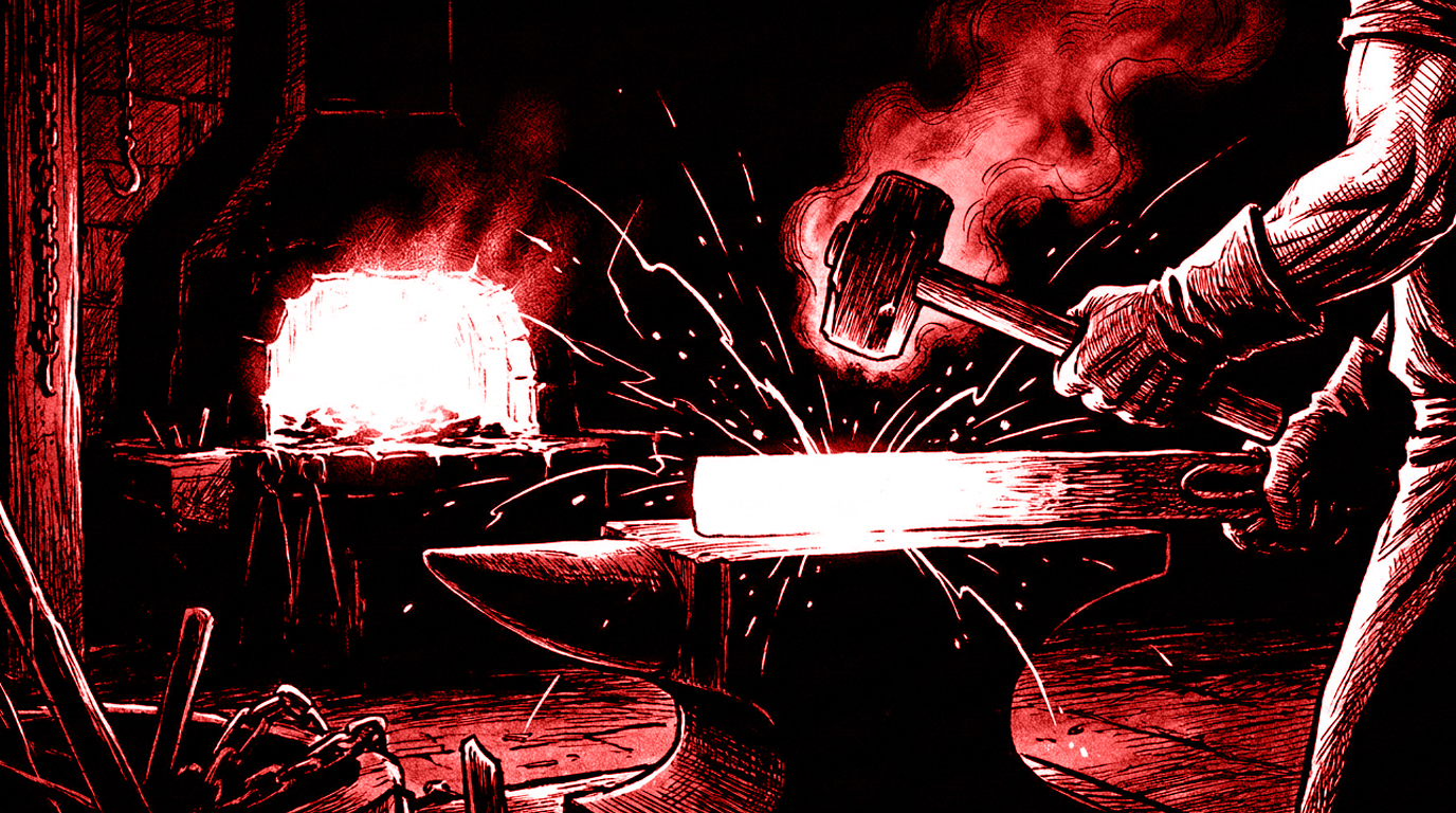 The Morning Forge — hammer, anvil, and ember in ink and red.