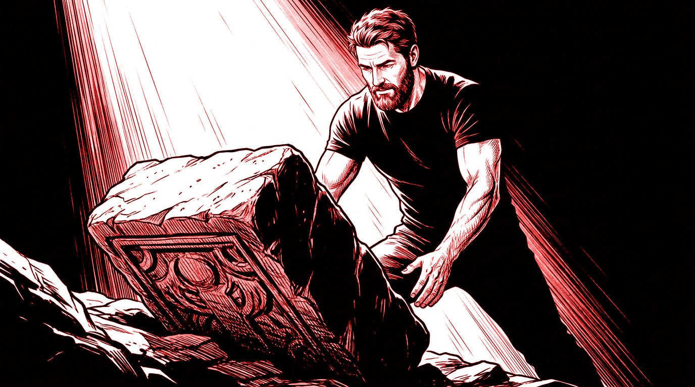 A man setting a heavy carved stone down off his shoulders.