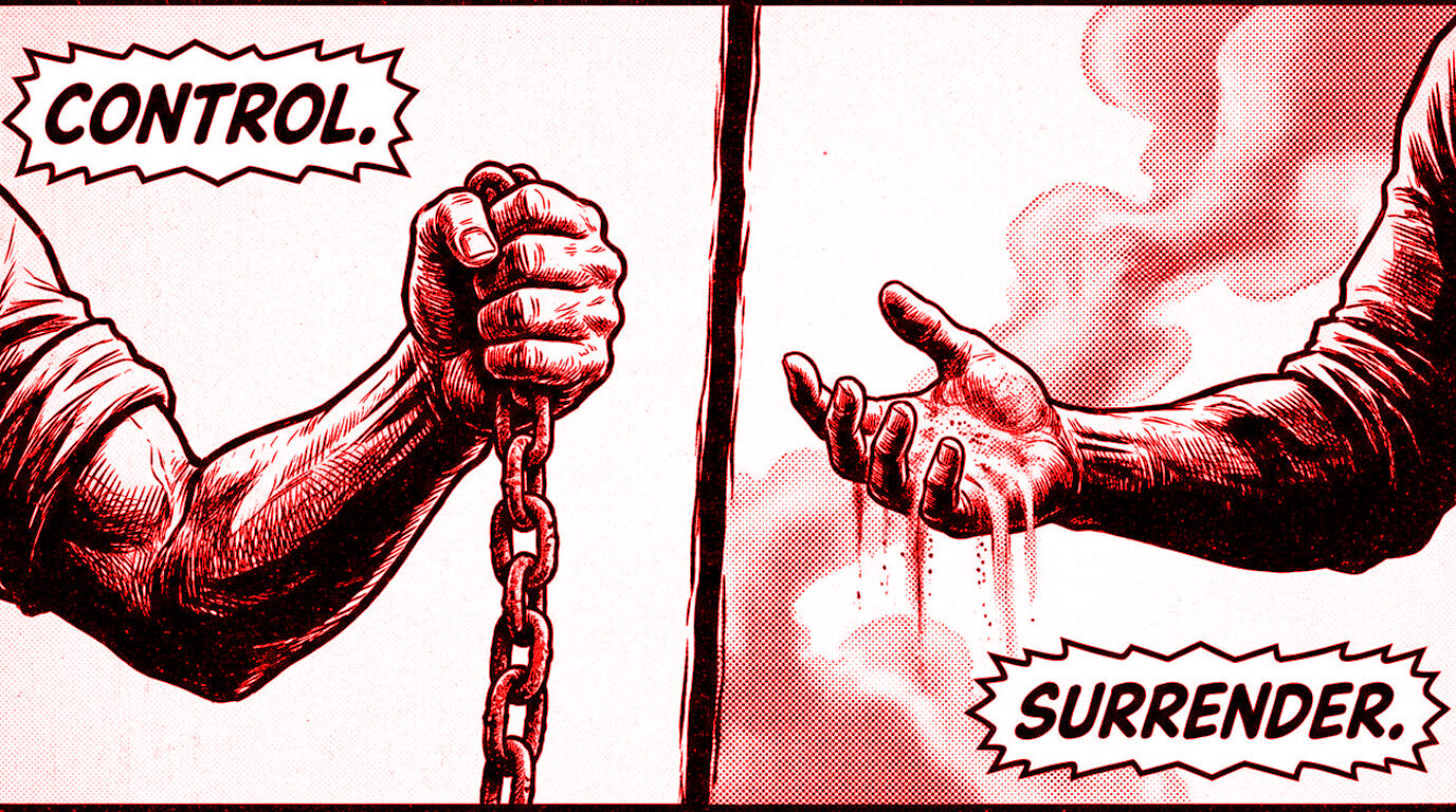 A fist gripping a chain beside an open palm releasing it.